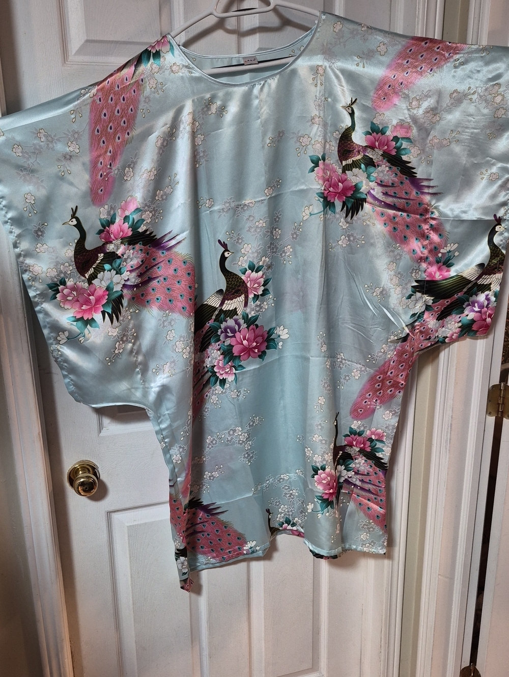 Silk-Feel Light Turquoise Blue Peacock Floral Kimono Robe
